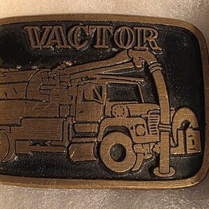 Vintage Metal Belt Buckle, Brass, Vactor, Draining Cleaning Truck, Nice Western